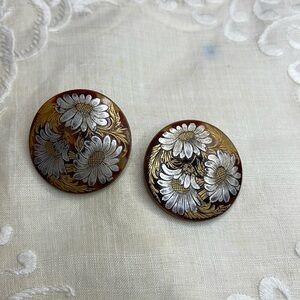 Vintage brown silver and gold flowers clip on earrings